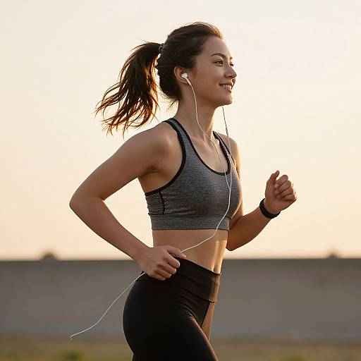 Photograph of a smiling, fit, young woman with brown hair in a ponytail, wearing a gray sports bra and black leggings, jogging outdoors at
