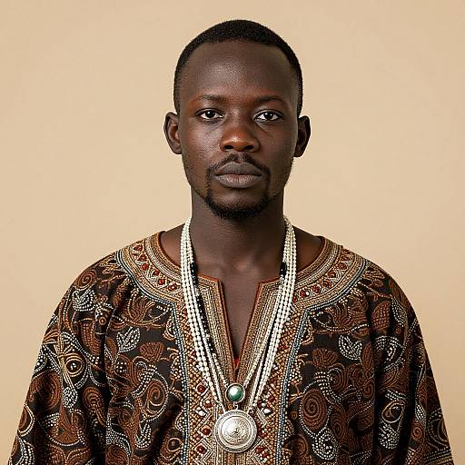 Photograph of a serious, dark-skinned African man with short hair, wearing a patterned brown shirt and multiple beaded necklaces, against a
