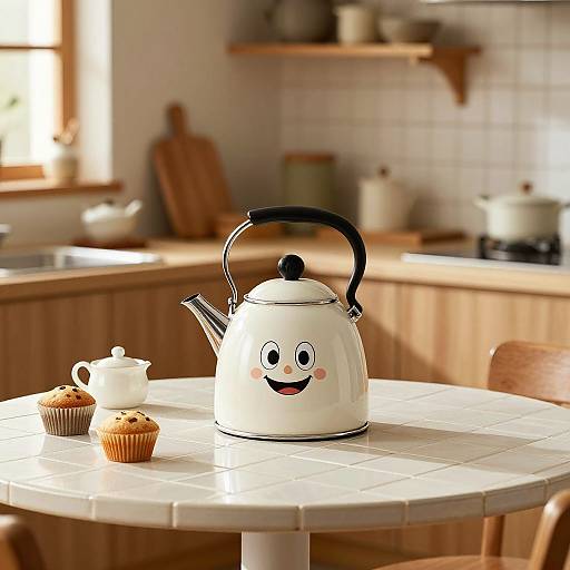 Photograph of a whimsical white kettle with a smiling face, sitting on a tiled kitchen table with two cupcakes, in a sunlit, cozy kitchen