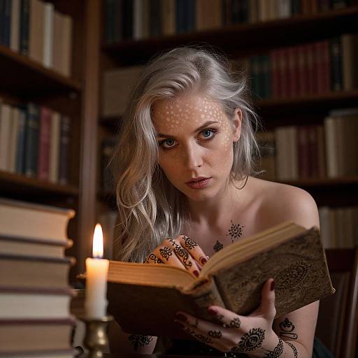 Photograph of a pale-skinned woman with long silver hair and white freckle-like spots, wearing black lace gloves, reading a book in a