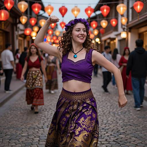 Photograph of a smiling woman with curly hair, wearing a purple top and ornate skirt, dancing in a cobblestone street adorned with red lantern