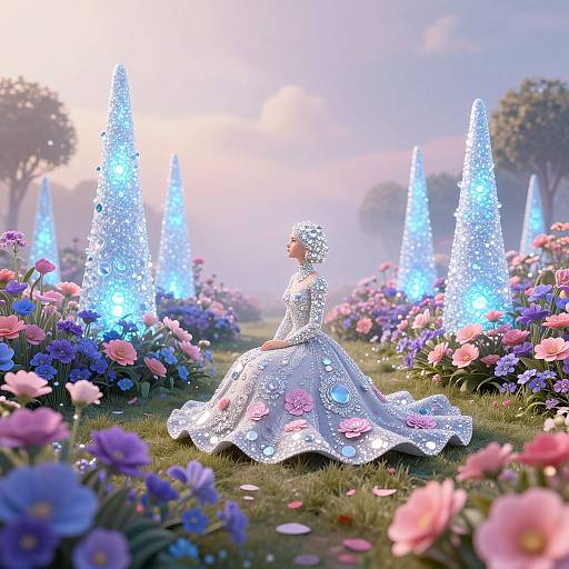 Digital art: Fairy princess in sparkling silver gown with floral accents, surrounded by glowing blue cones and vibrant pink and purple flowers in a magical garden at sunset