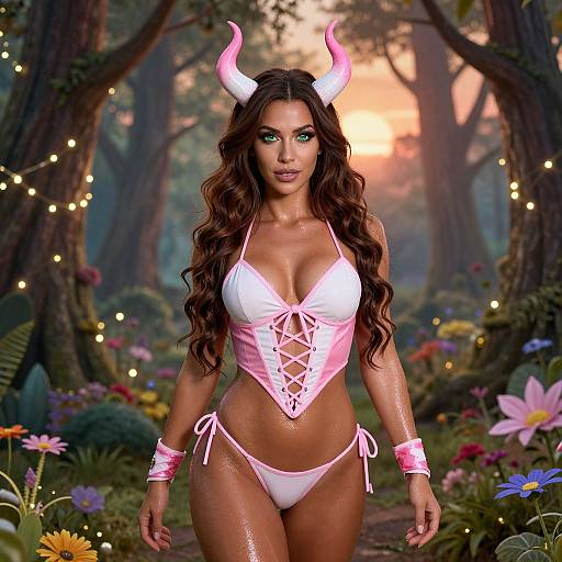 Fantasy Woman in Magical Forest Sunset