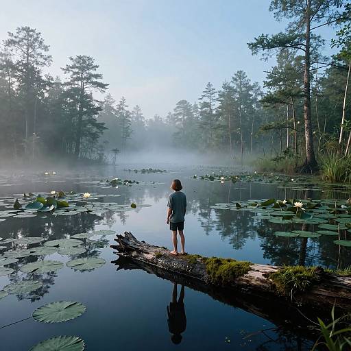 Photograph: lone person in gray shirt and shorts stands on moss-covered log, facing misty forest lake with lily pads and white water lilies