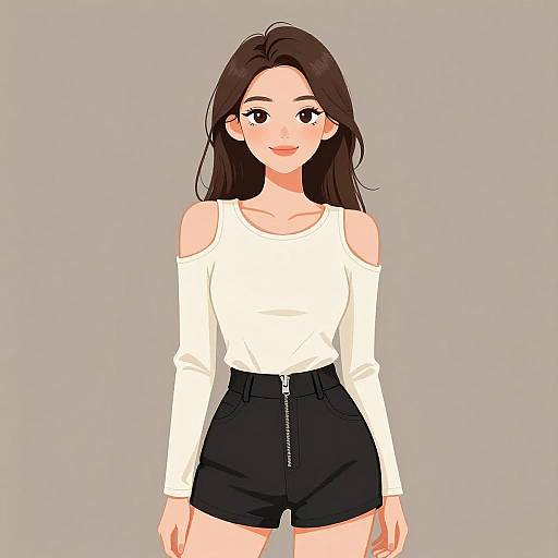 Digital anime-style drawing of a smiling young woman with long brown hair, wearing a white off-shoulder top and black high-waisted shorts.