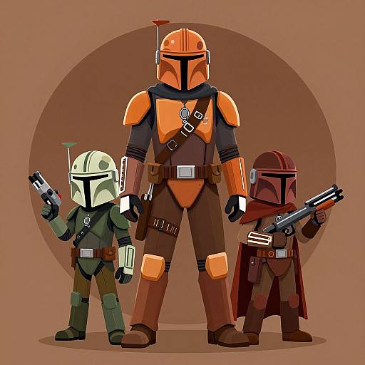 Digital illustration of three stylized, cartoonish Mandalorian characters: one tall in orange armor, one small in green, and one shorter in red,
