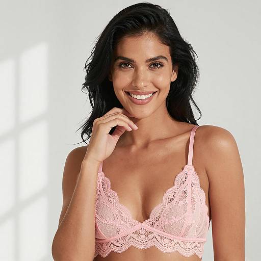 Smiling Woman in Pink Lace Bralette