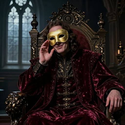 Mysterious man in ornate, dark velvet robe and gold masquerade mask, seated on elaborate wooden throne in dimly lit, gothic-style