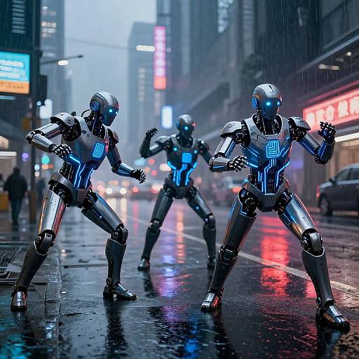 CGI image: Three futuristic, blue-lit, metallic humanoid robots dancing in a rainy, neon-lit city street at night, reflections on wet