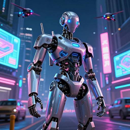 CGI image of a futuristic, silver robot with blue glowing eyes standing in a neon-lit, busy city street at night.