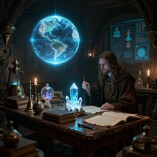 Magical alchemist with long brown hair studies glowing book, surrounded by blue crystal, glowing Earth, candles, and scientific diagrams in dark, mystical lab