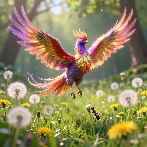 Vibrant, multicolored phoenix with rainbow feathers soaring over a sunlit meadow filled with dandelions and yellow flowers, a small black