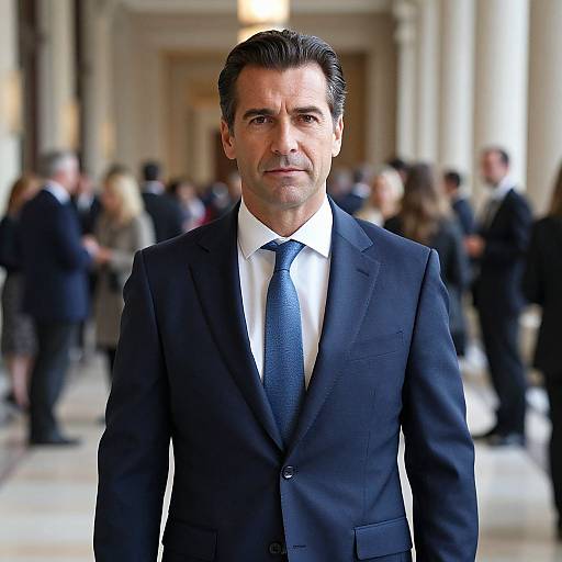 Photograph of a middle-aged man with dark hair, wearing a black suit, white shirt, and blue tie, standing in a blurred, grand,