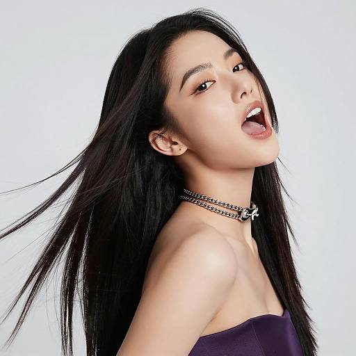 Woman with Black Hair in Purple Outfit