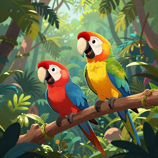 Vibrant digital illustration of two colorful macaws perched on a branch in a lush, sunlit jungle with dense foliage.