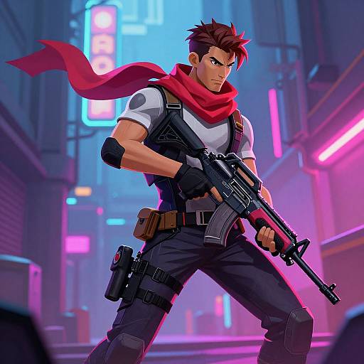 Digital anime-style illustration of a muscular, brown-haired man with a red scarf, black tactical gear, and assault rifle in a neon-lit urban alley