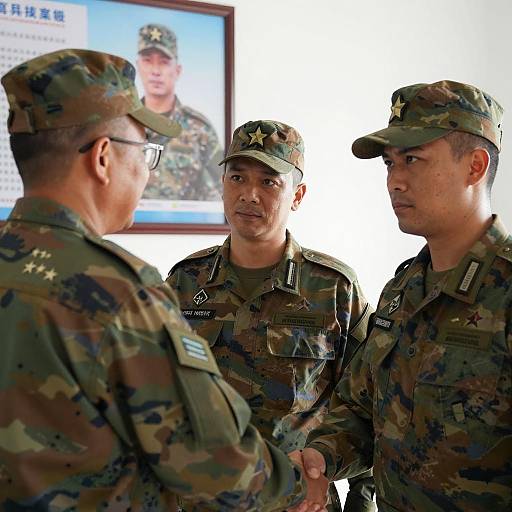 Three Soldiers in Camouflage Uniforms Shaking Hands Indoors