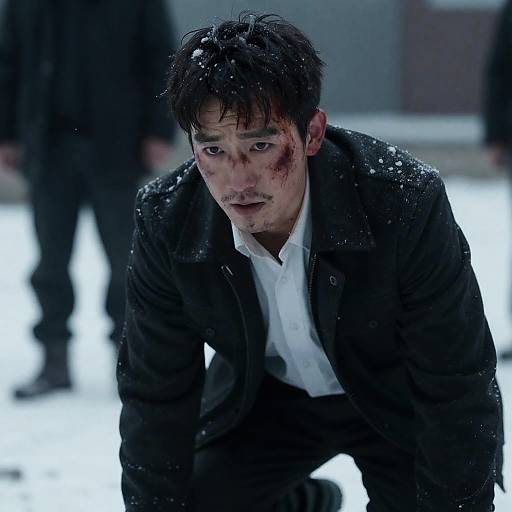 Intense Man in Dark, Snowy Environment