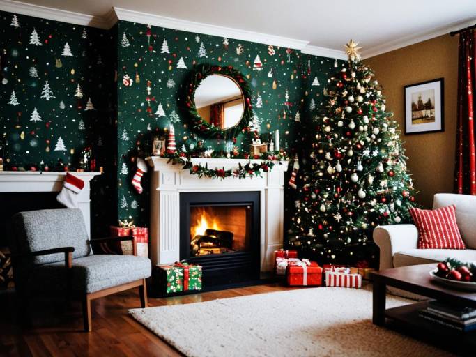 Cozy Christmas Living Room Wallpaper