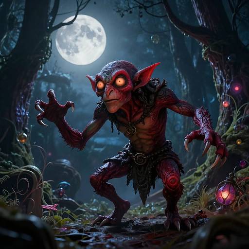 CGI fantasy image of a glowing-eyed, red-skinned goblin with sharp claws and tattered clothes, standing in a dark, moonlit forest