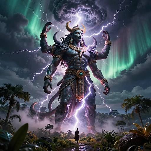 Digital artwork: Gigantic, muscular Hindu god with multiple arms, glowing with lightning, standing amidst a stormy landscape with auroras, and a small