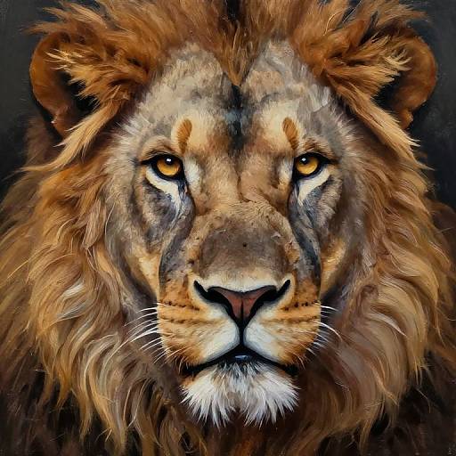 Digital painting of a majestic lion's face, featuring intense golden eyes, a thick brown mane, and detailed fur textures against a dark background.