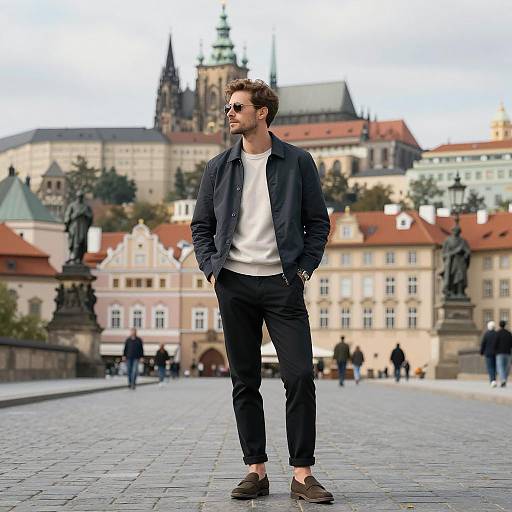 Stylish Man Posing on Charles Bridge Prague
