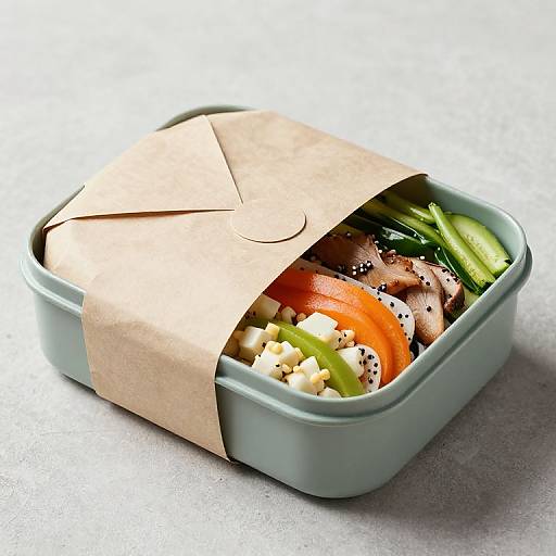 Photograph of a green, square bento box with a brown paper lid, revealing colorful salad with carrot, cucumber, cheese, and grilled meat.