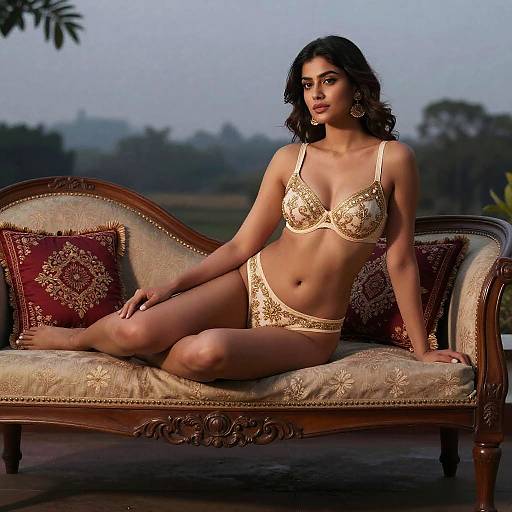 Photograph of a dark-haired woman with olive skin, wearing gold lace lingerie, seated on an ornate cream sofa with red pillows, outdoors at dusk