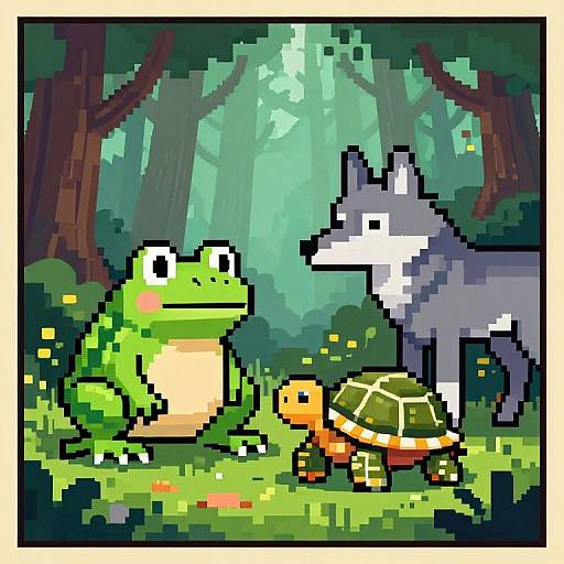 Pixel art of a green frog, gray wolf, and orange turtle in a lush forest, standing together with sunlight filtering through trees.