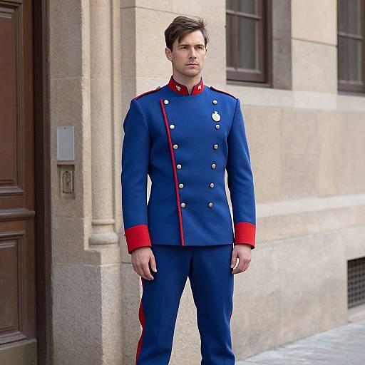 Photograph of a serious young man in a blue military-style uniform with red trim, standing outdoors in front of a stone building.