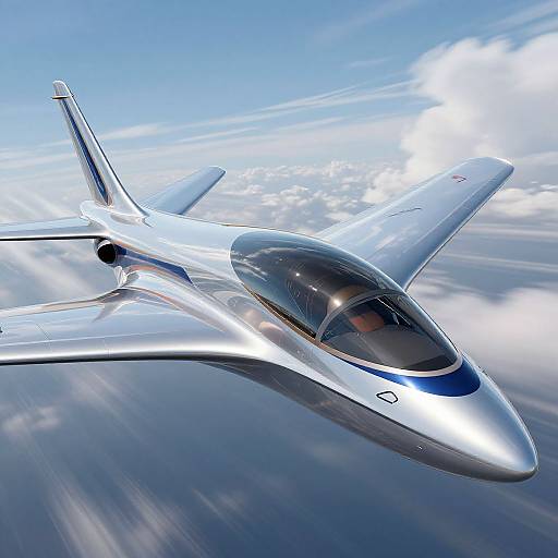 Photorealistic digital artwork of a sleek, silver, futuristic supersonic jet with blue accents flying through a bright, cloudy sky.