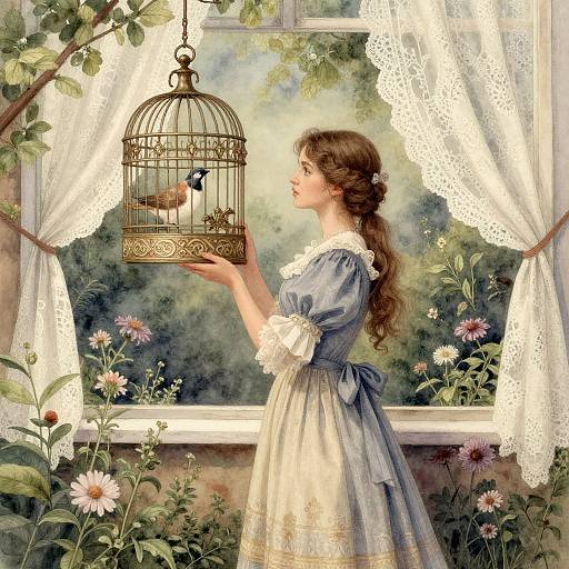 Digital illustration of a fair-skinned, brown-haired woman in a blue and white Victorian dress, gently holding a birdcage with a small bird,