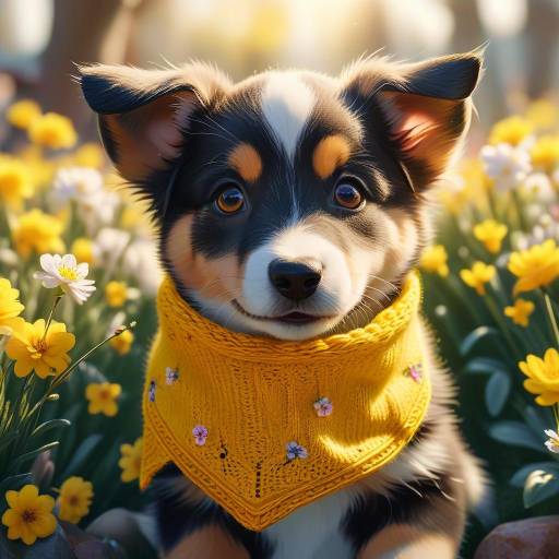 Happy Puppy in Yellow Bandana Close-Up