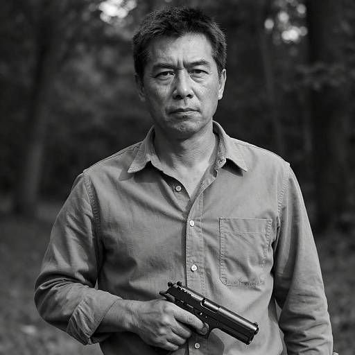 Serious Man Holding Handgun in Forest