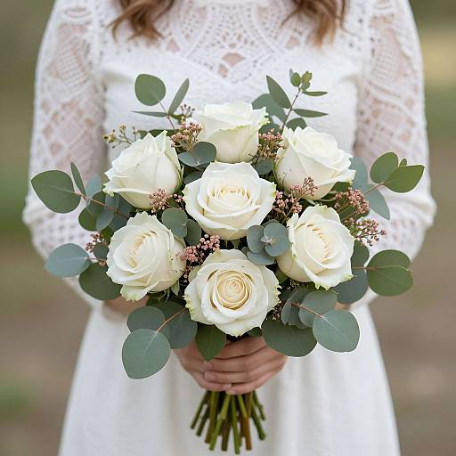 Photograph of a bride in a white lace dress holding a bouquet of white roses with green eucalyptus and pink berries.