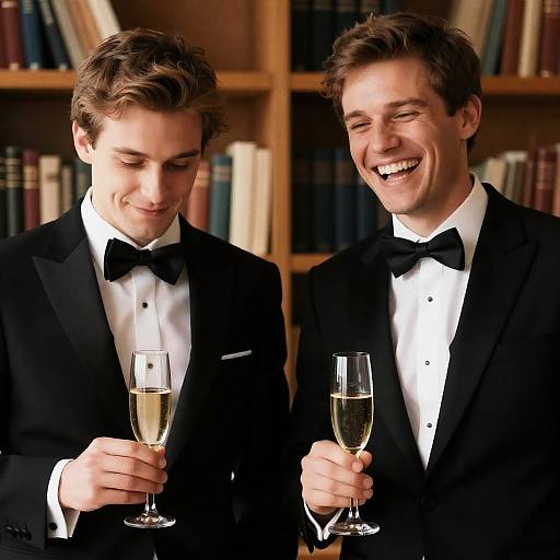 Elegant Men in Tuxedos Toasting Together