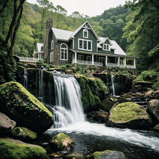 House with Cascading Waterfall in Forest