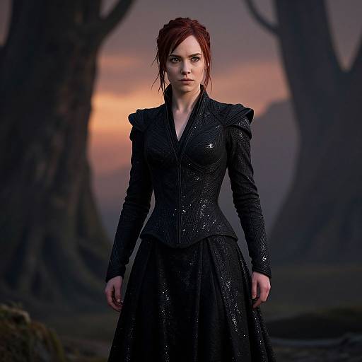 Digital art of a pale-skinned, red-haired woman in a black, sequined, Victorian-style dress, standing in a dark, misty forest