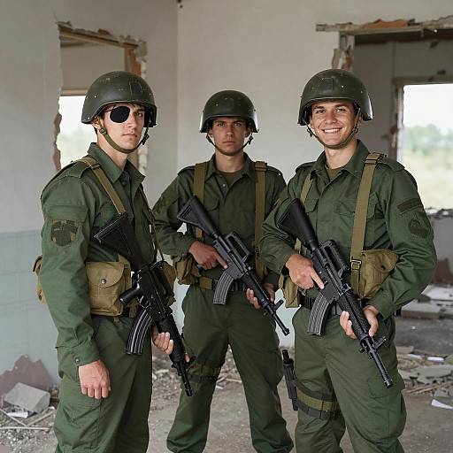 Three Soldiers in a Ruined Building