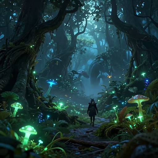 Digital fantasy artwork of a dark, enchanted forest at night, illuminated by glowing mushrooms, fireflies, and bioluminescent plants, with a lone