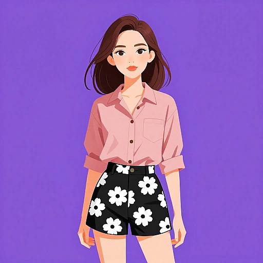 Casual Woman in Dusty Rose and Floral Shorts