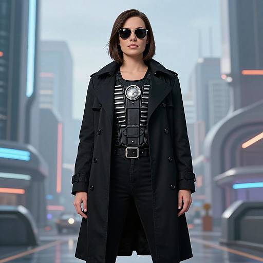 CGI image of a woman with short brown hair, wearing black sunglasses, trench coat, and black outfit, standing in a futuristic city street with neon