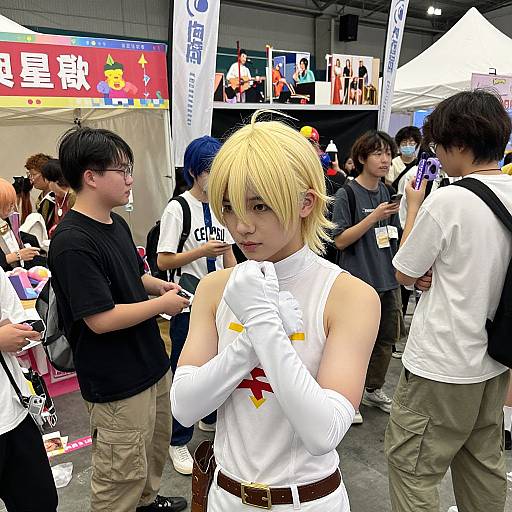 Photograph of a blonde, androgynous cosplayer in a white sleeveless top and gloves, standing in a crowded convention booth.