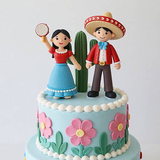 Photograph of a colorful, two-tiered wedding cake with fondant figures of a woman with a magnifying glass and a man in a sombrero