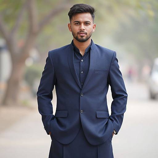 Photograph of a handsome, bearded South Asian man with short black hair, wearing a dark blue suit, black shirt, standing outdoors with blurred trees