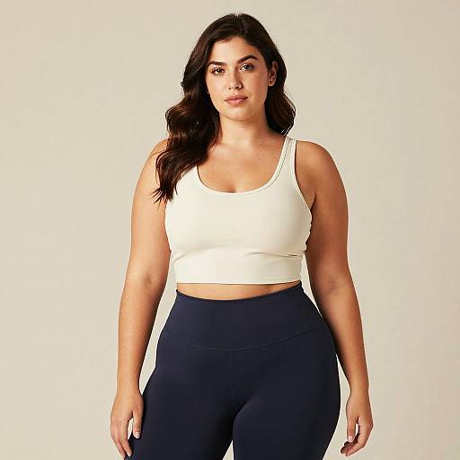Photograph of a plus-size woman with long dark hair, wearing a white crop top and black high-waisted leggings, standing against a plain white