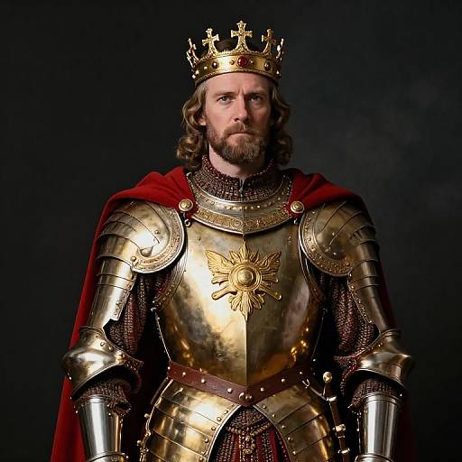 Photograph of a bearded, fair-skinned king with long brown hair, wearing golden armor, a red cape, and a crown, set against