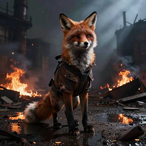 Photorealistic digital art of a fierce red fox with a tactical vest, standing amidst a war-torn, burning urban landscape.