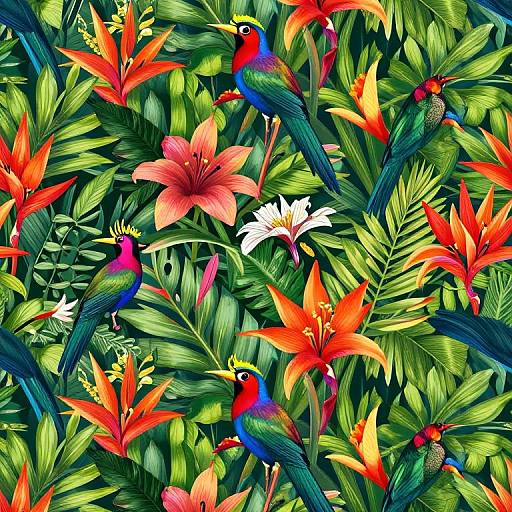 Vibrant Tropical Flora and Birds Wallpaper
